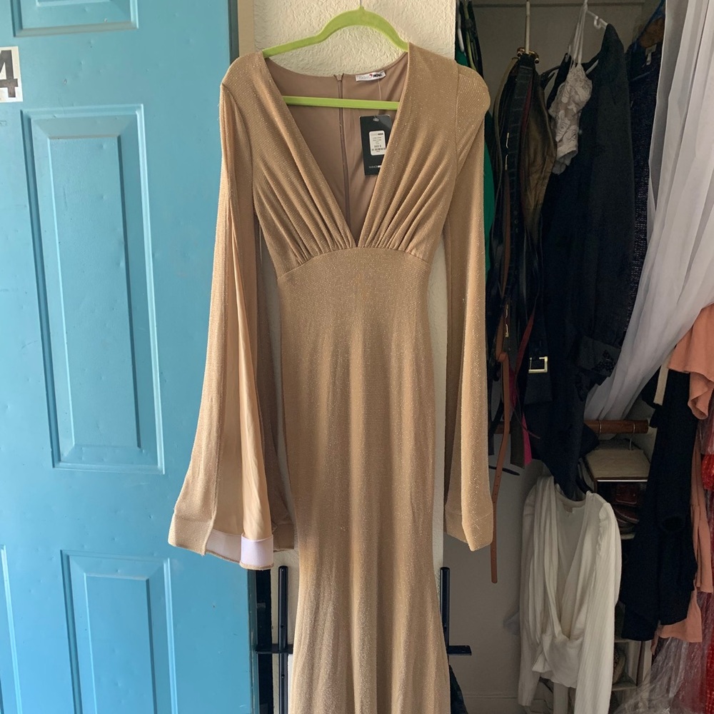 Fashion Nova Glitter Gold Floor Length Dress with Flowy Sleeves